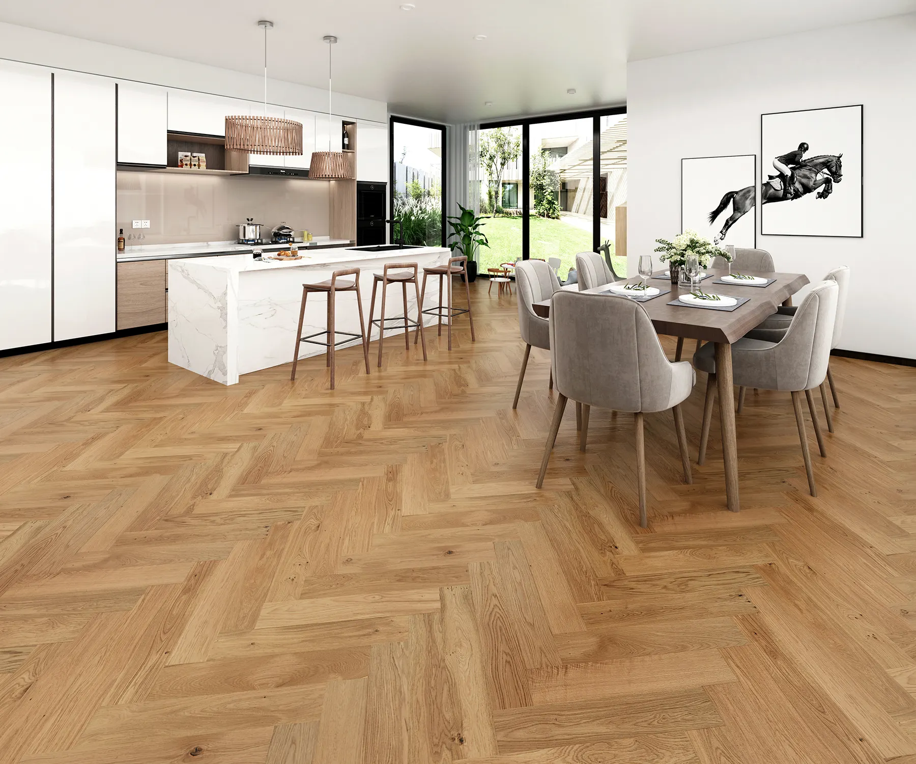 Engineered timber herringbone flooring in a bright Sydney kitchen and dining interior