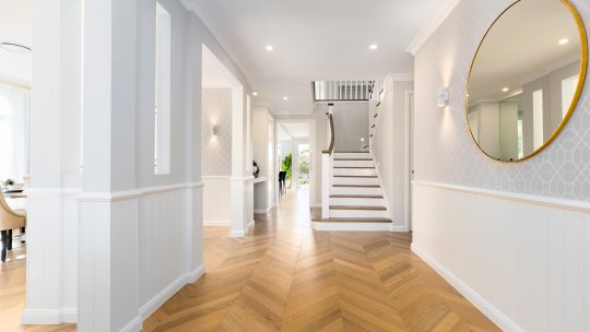 De Marque Oak Chevron Champagne engineered timber installed room example