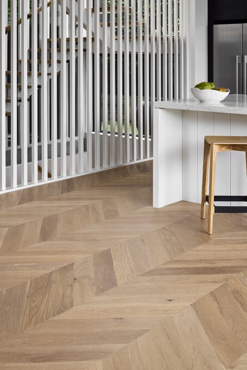 De Marque Oak Chevron Colonial Grey engineered timber installed room example