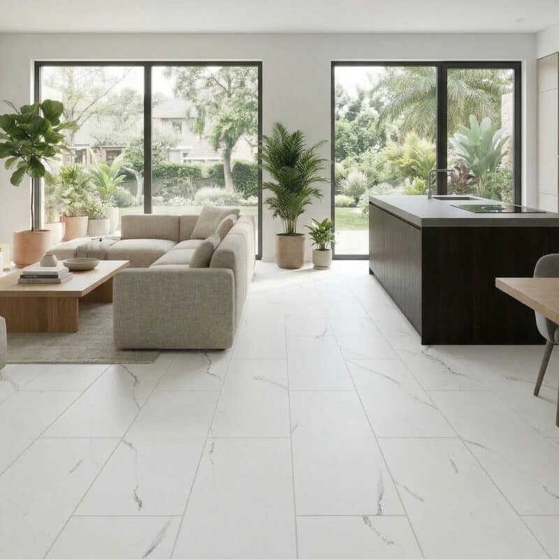 Stone Floor Tile & Marble Design Bianco White hybrid flooring installed room example
