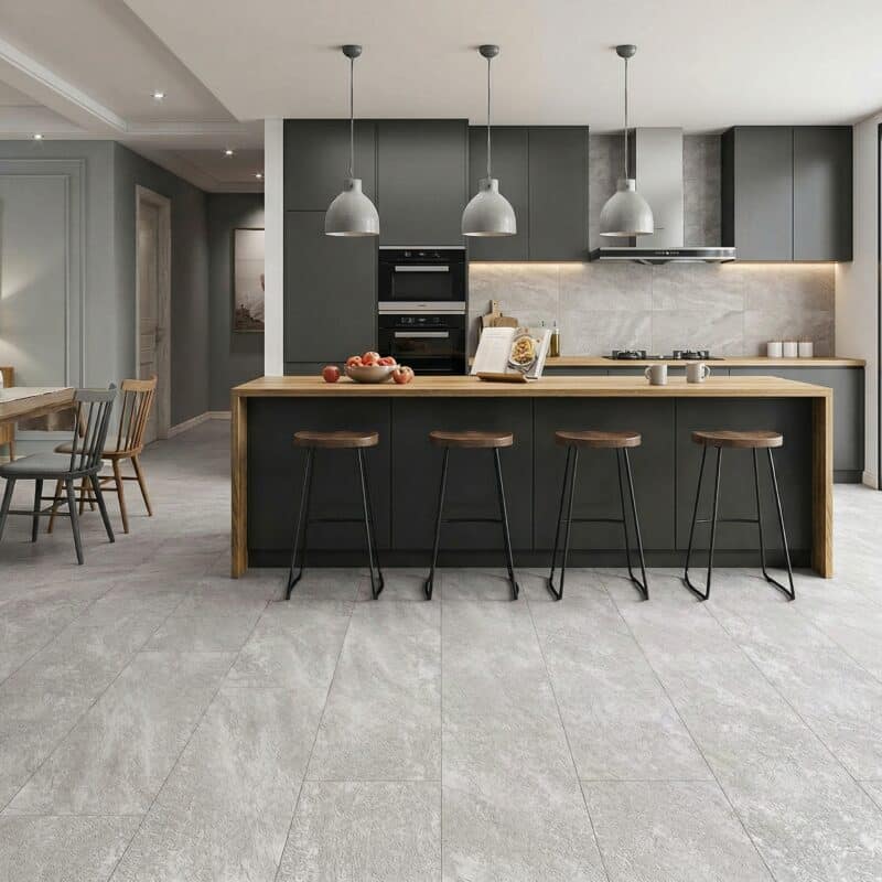 Stone Floor Tile & Marble Design Snow White hybrid flooring installed room example