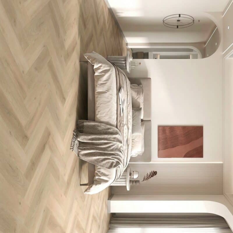 Stone Floor Timber Design Blonde Oak Herringbone hybrid flooring installed room example