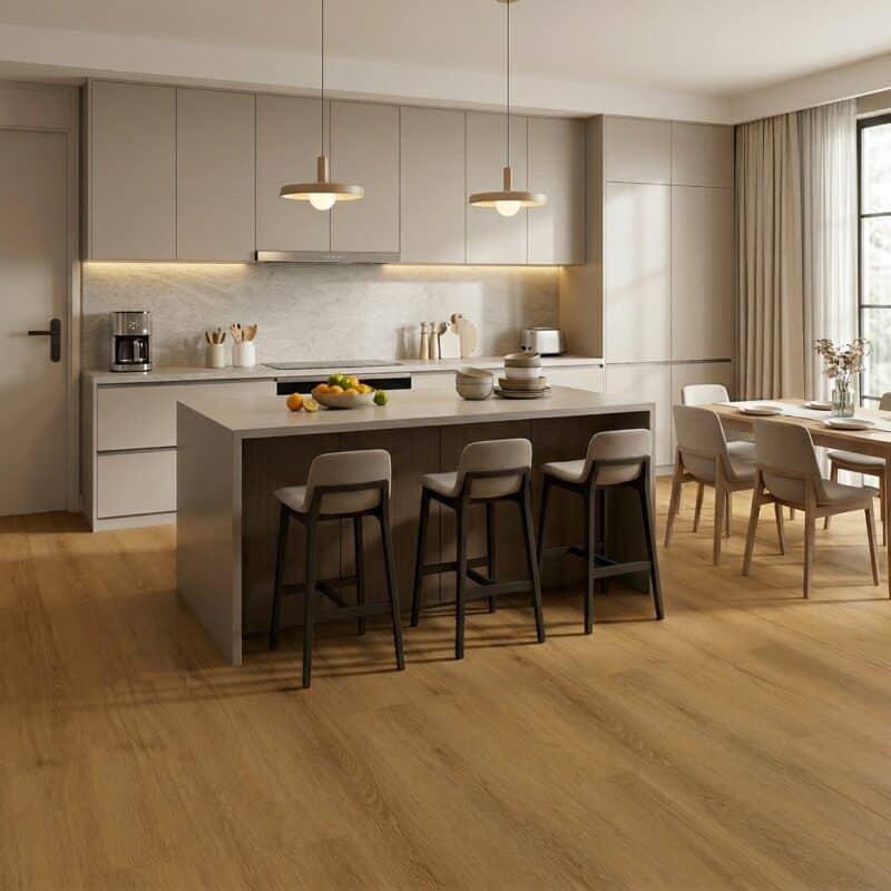 Stone Floor Timber Design Earth Oak hybrid flooring installed room example