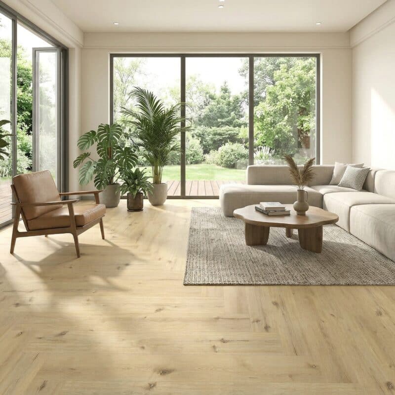 Stone Floor Timber Design Farmhouse Oak Herringbone hybrid flooring installed room example