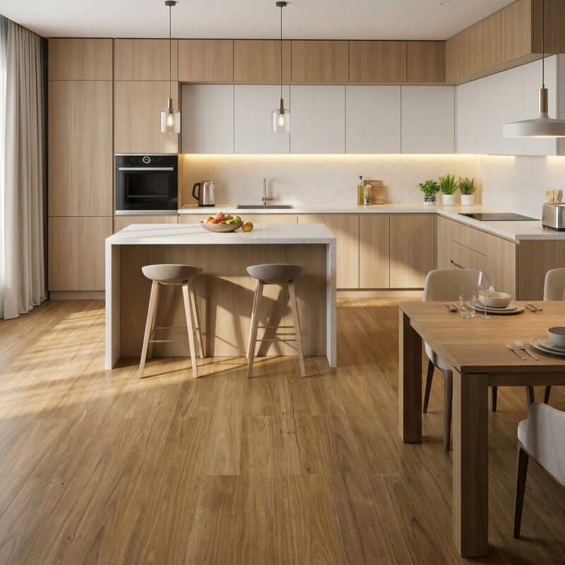 Stone Floor Timber Design Spotted Gum hybrid flooring installed room example