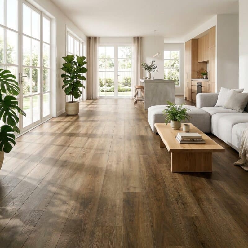 Stone Floor Timber Design Walnut hybrid flooring installed room example